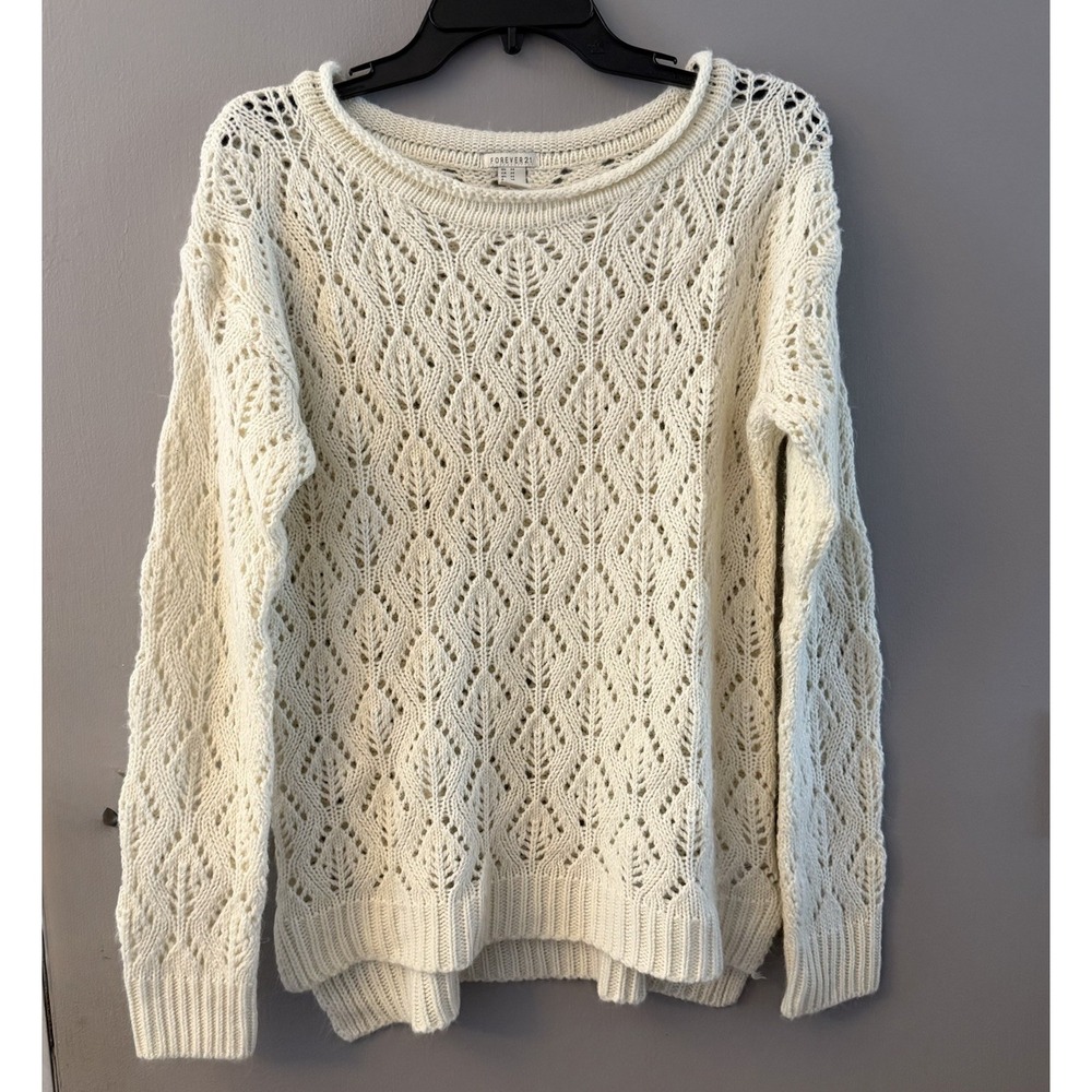 Forever 21 Roll Neck Open Knit Sweater Medium Ivory Preppy Academia Casual